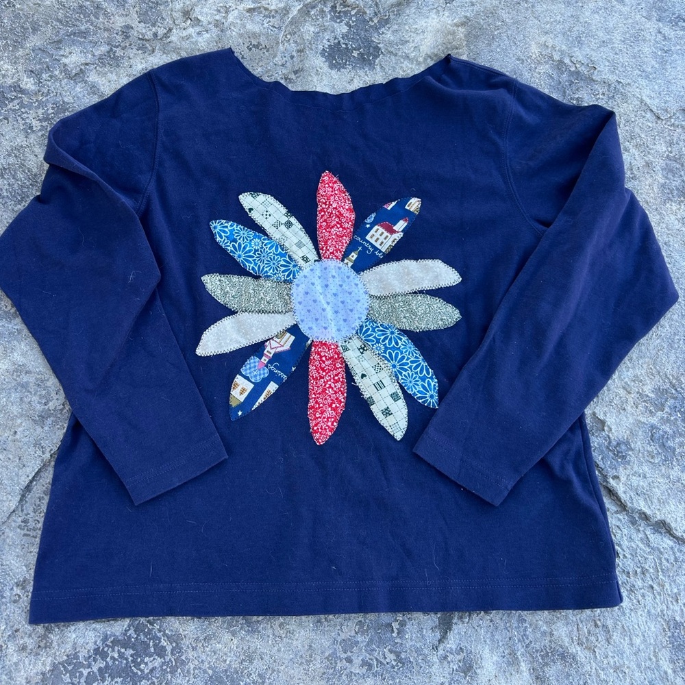 Women’s handmade small/m navy daisy flower patchwork off the shoulder long Tee